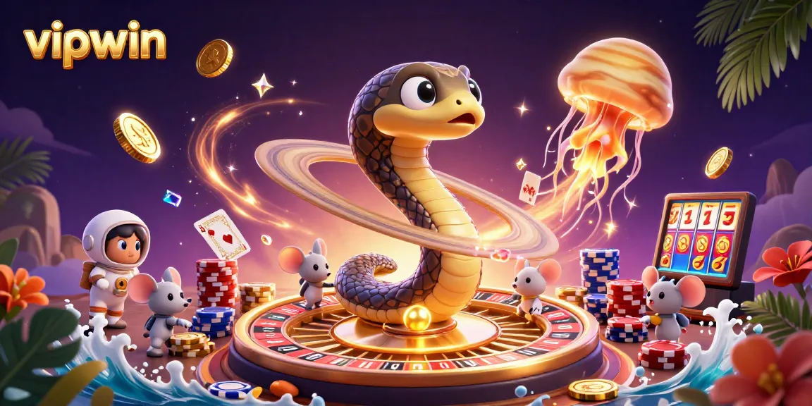 Bet on vipwin's thrilling cosmic casino with a vibrant 3D illustration featuring roulette action and sparkling gems.