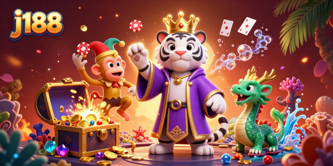 Win big with j188 in a dynamic casino scene featuring a tiger, monkey, and dragon amidst treasure.