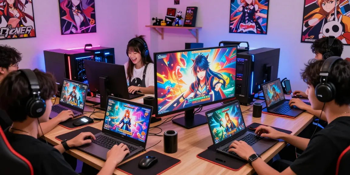 Engaging scene of players enjoying hentai games on various devices in a lively gaming lounge.