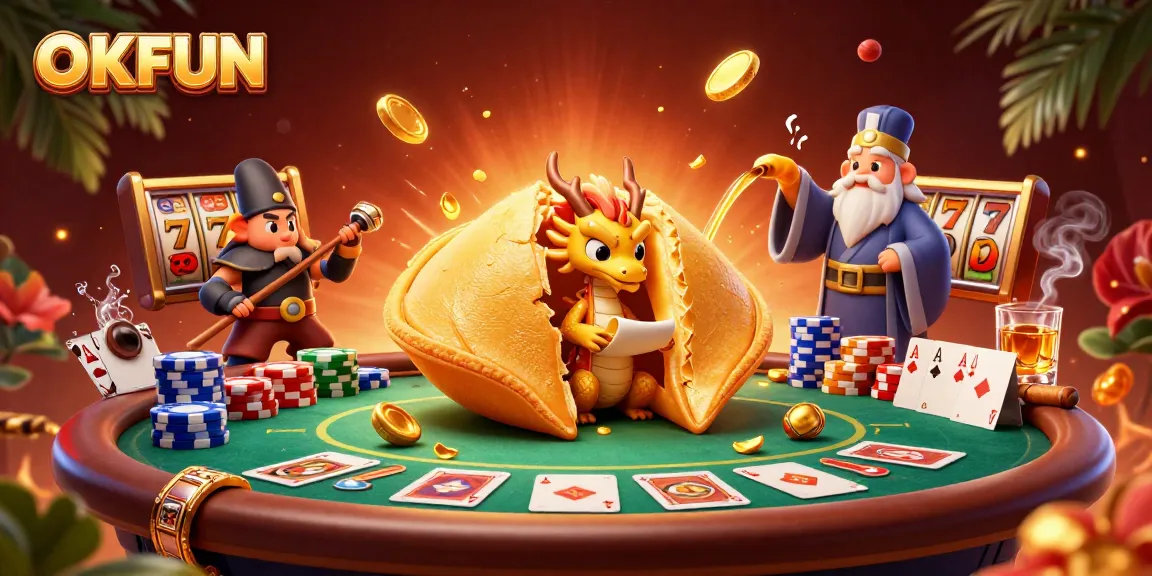 Experience OKFUN with a vibrant 3D illustration featuring a dragon, golden fortune cookie, and dynamic casino elements.
