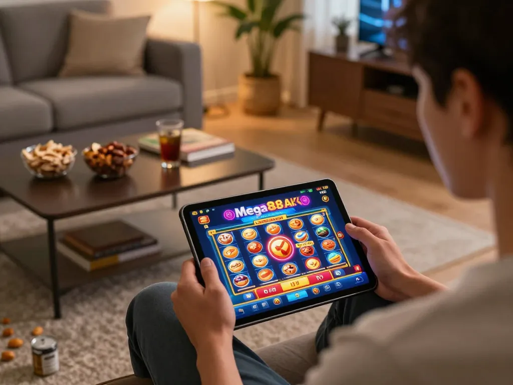 Engaging with Mega888 APK on a tablet in a cozy setting, with inviting snacks and personal touches.