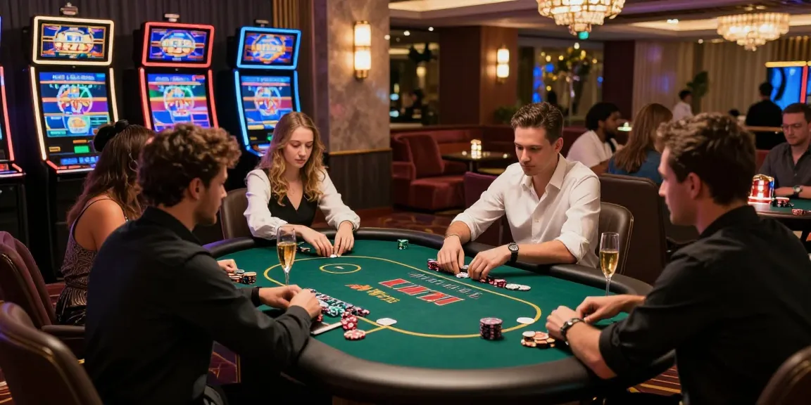 LUXURY777 Situs Resmi Terbaru, suasana kasino mewah dengan pemain poker yang bersemangat.