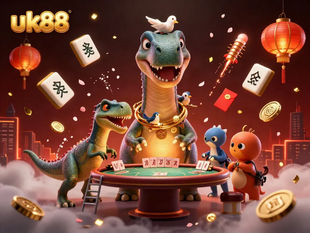 uk88 showcases dynamic casino fun with a giant brontosaurus dealer and tiny poker table