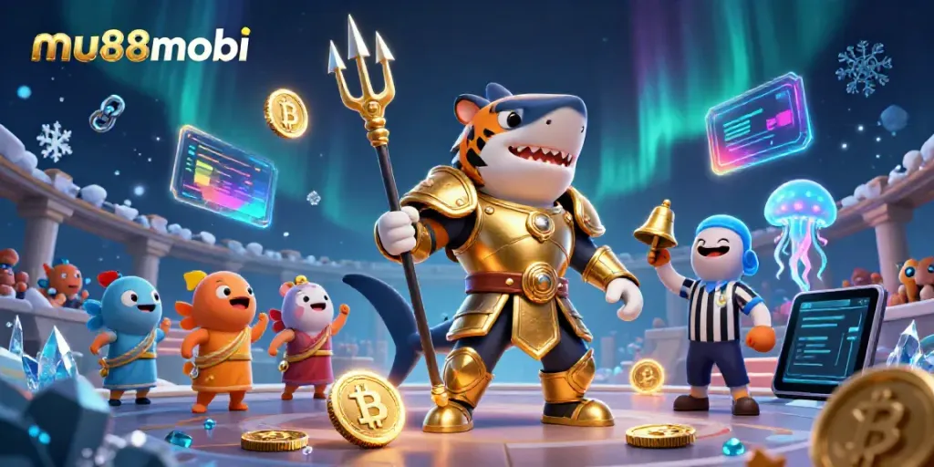 Engage with mu88mobi in this vibrant underwater casino scene featuring a tiger shark warrior and cryptocurrency elements.