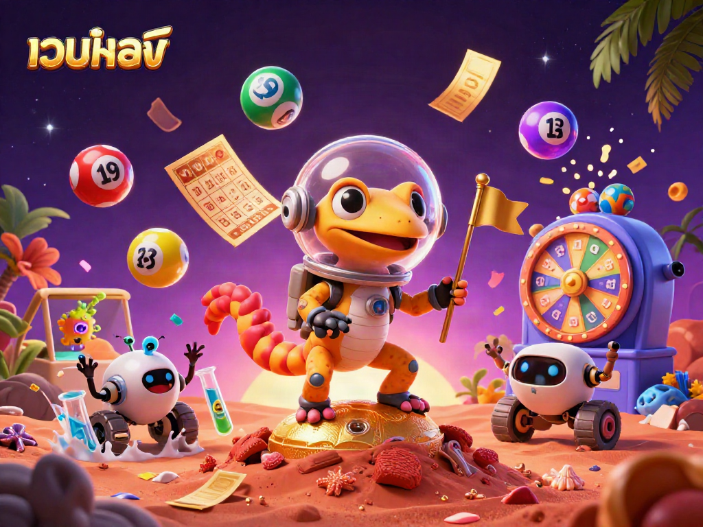 Win big at เว็บตรง with a detailed 3D casino illustration showcasing vibrant games and a Martian gecko.