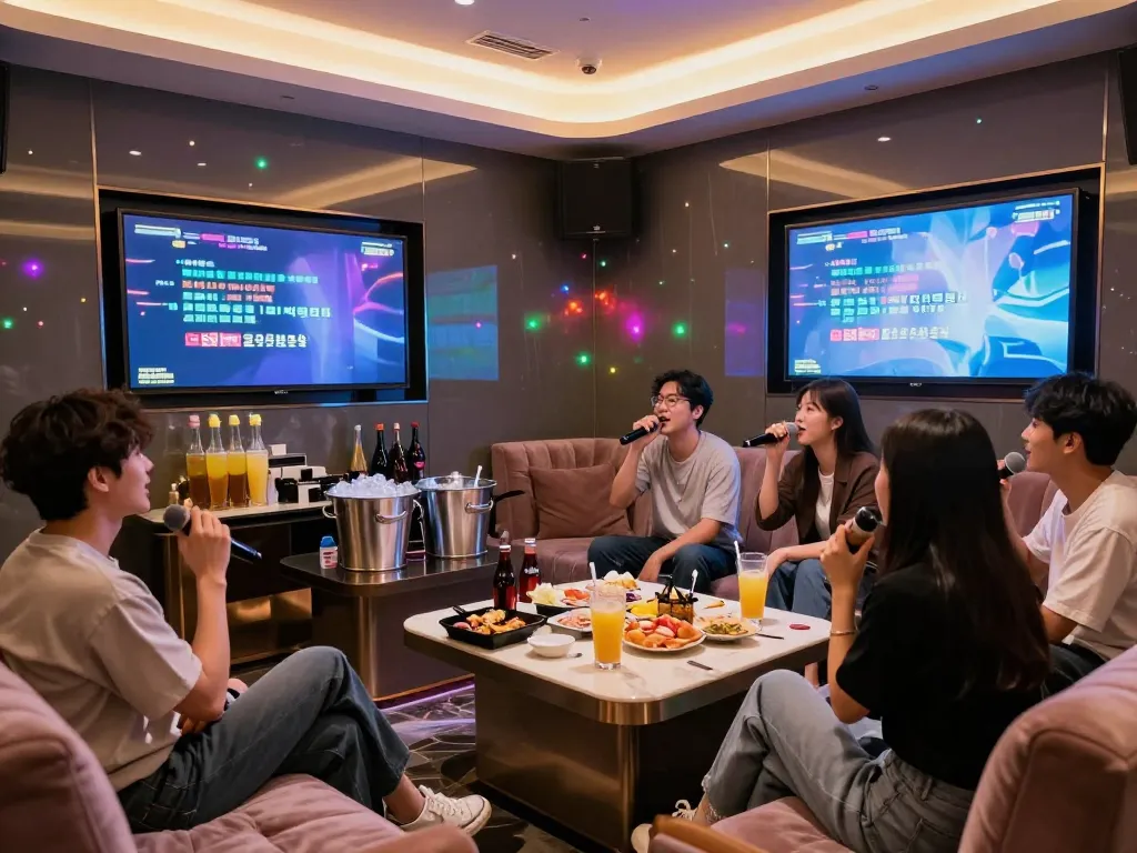 스타일리시한 개인실에서 음료와 LED 조명과 함께 서구청쓰리노 노래방 경험을 즐기는 친구들의 생생한 모습.