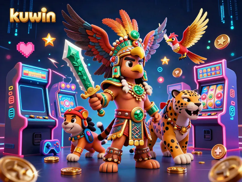 Kuwin's dynamic gambling scene with Aztec warriors, jackpot slots, and colorful arcade elements.