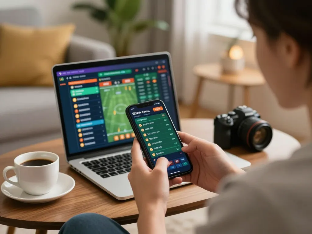 Betting enthusiast using mobile app for live sports at b52 club in a cozy home setting.