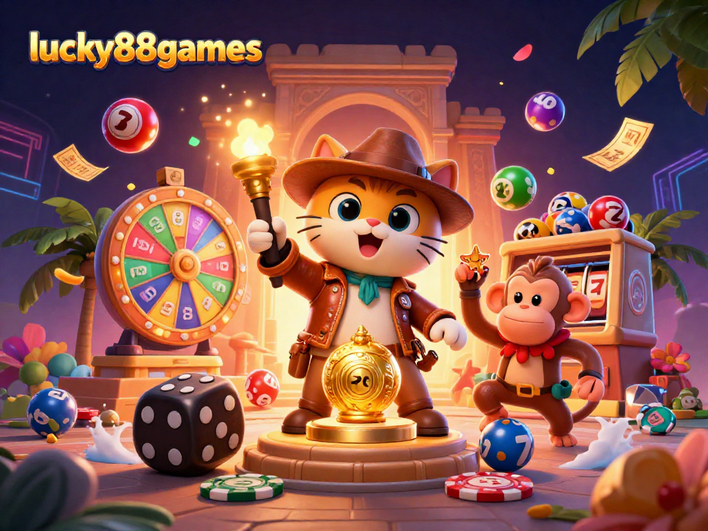 Engage in thrilling gambling adventures with lucky88games, featuring vibrant lottery elements and an explorer cat.