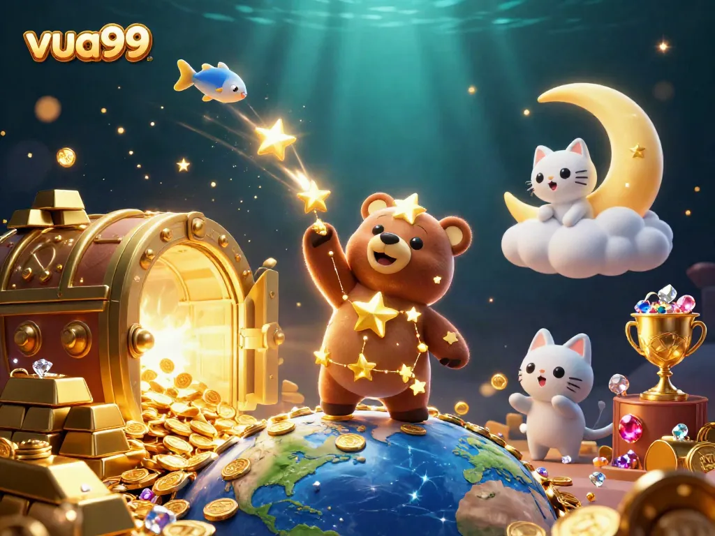 Experience exciting games at vua99 with vibrant 3D casino illustrations of treasures and celestial characters.