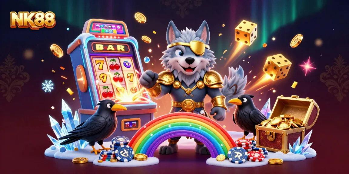 Experience thrilling jackpots at NK88 with an Odin-inspired scene filled with slot machines and vibrant casino symbols.