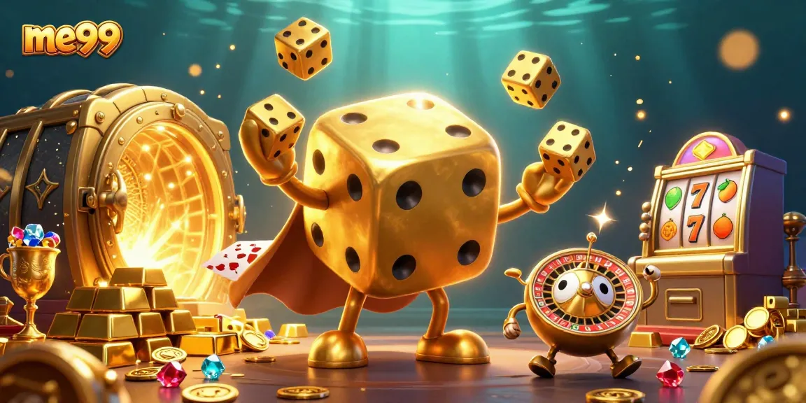 Experience the excitement of me99 with golden dice and vibrant slot elements in this casino-themed artwork.