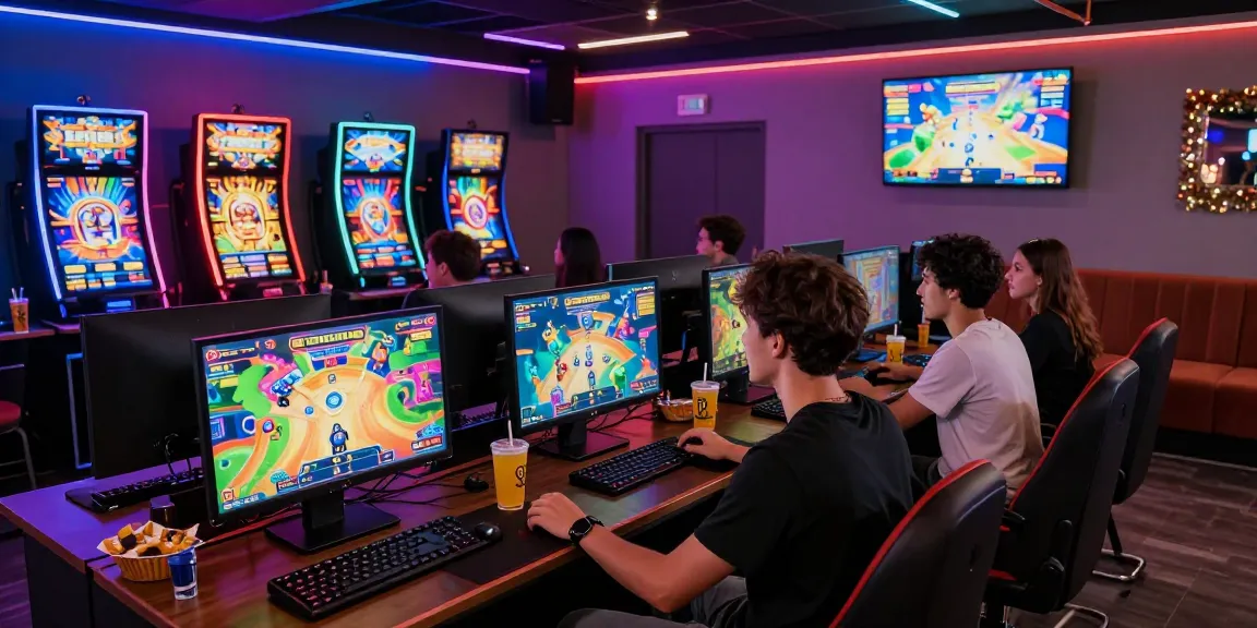 Super59: Pengunjung seru bermain slot online di ruang permainan yang modern.