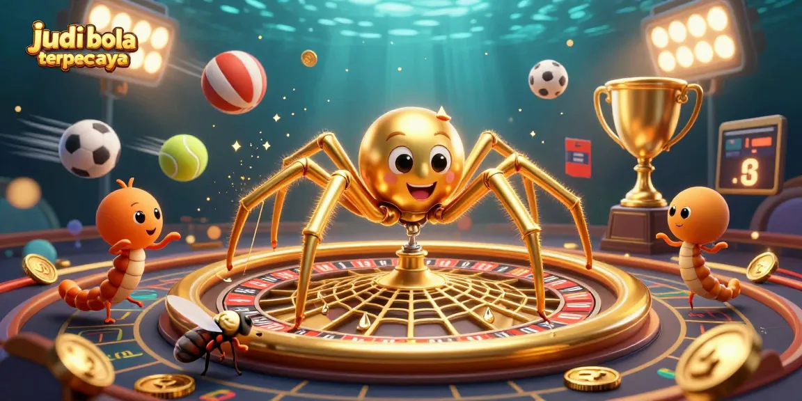 Engage in judi bola terpercaya with a dynamic scene showing a cartoon spider spinning a roulette web, sports balls, and betting slips.