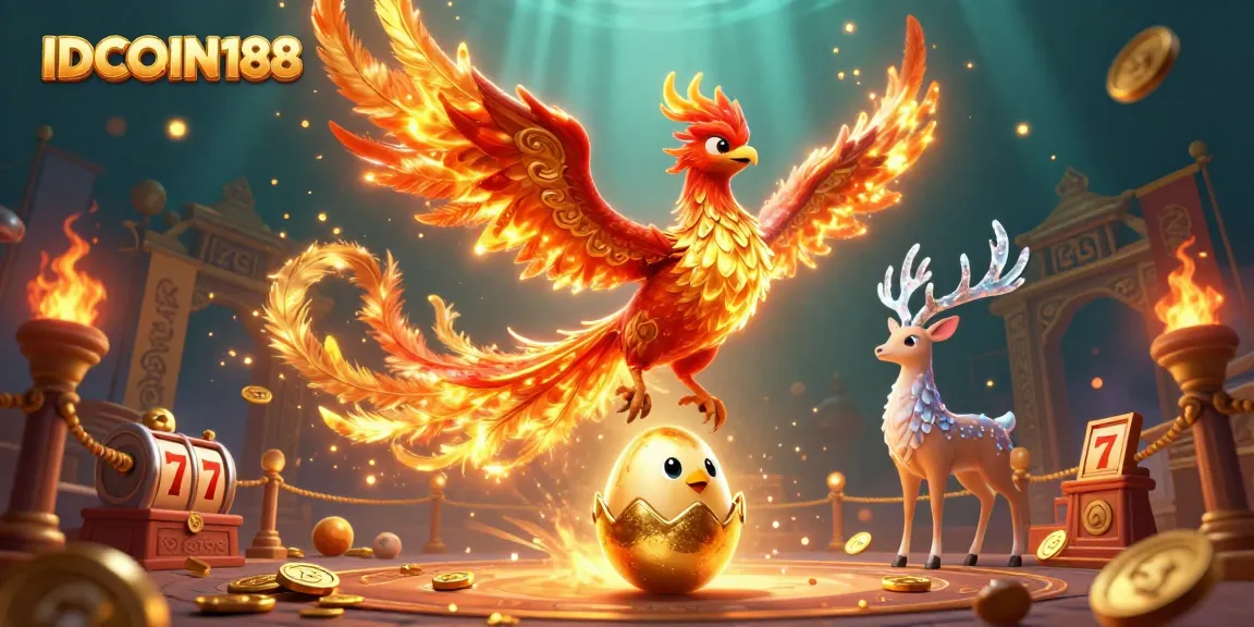 Engage with IDCOIN188's vibrant gaming experience featuring a phoenix, chick, and stag amidst slot symbols and gold.