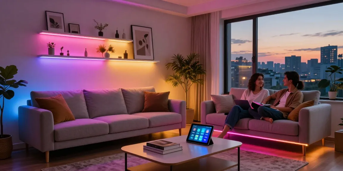 Banda LED colorată iluminând un living modern, creând o atmosferă primitoare și elegantă.