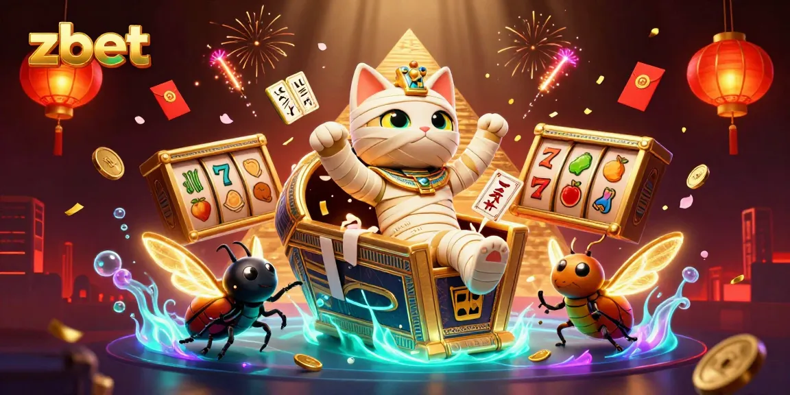Engage with the vibrant zbet gaming experience featuring a lively Egyptian mummy cat and thrilling slot symbols.