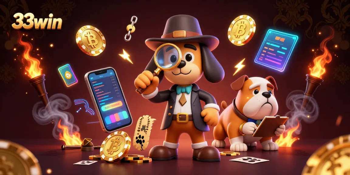 33win interactive session showcasing a detective and bulldog amid glowing crypto coins and poker clues