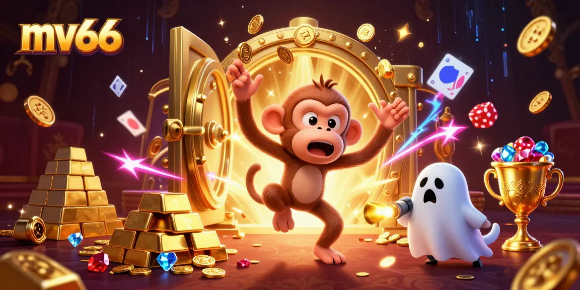 Experience thrilling action at mv66 with a playful poltergeist monkey holding golden casino treasures.