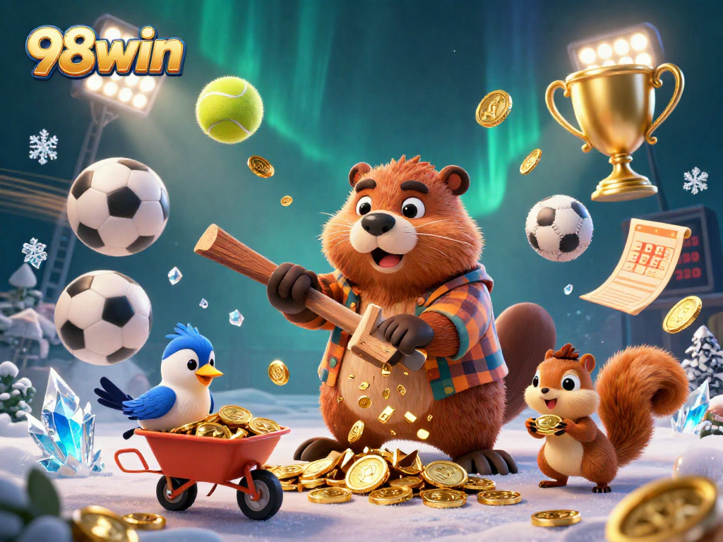 Experience the excitement of 98win with golden coins raining down, vibrant sports elements, and playful characters in action.