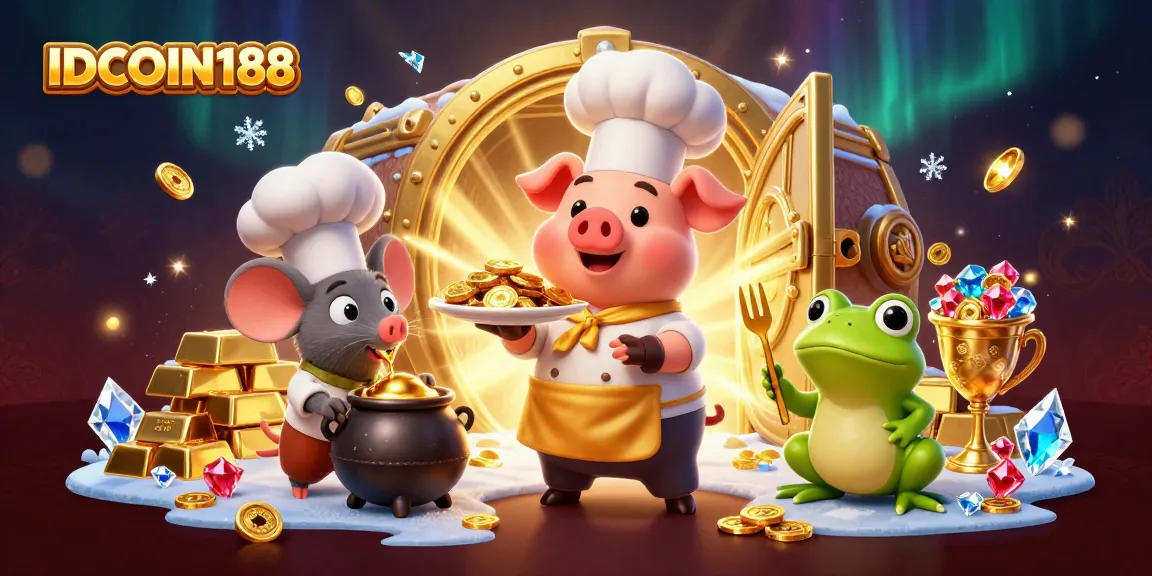 Engage with IDCOIN188 as a chef pig presents golden coins among spectacular wealth.
