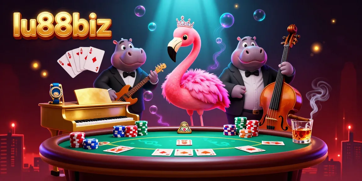 Engage with the vibrant casino scene of lu88biz featuring a flamingo singer and hippo bassist amidst poker and party elements.
