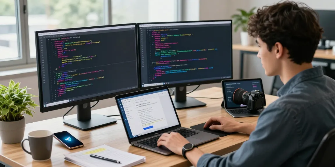 Discover Telegram Download while a developer codes in a bright workspace filled with tech gadgets.