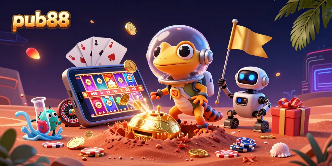Experience excitement at pub88 with a lively scene featuring a Martian gecko discovering a golden casino.