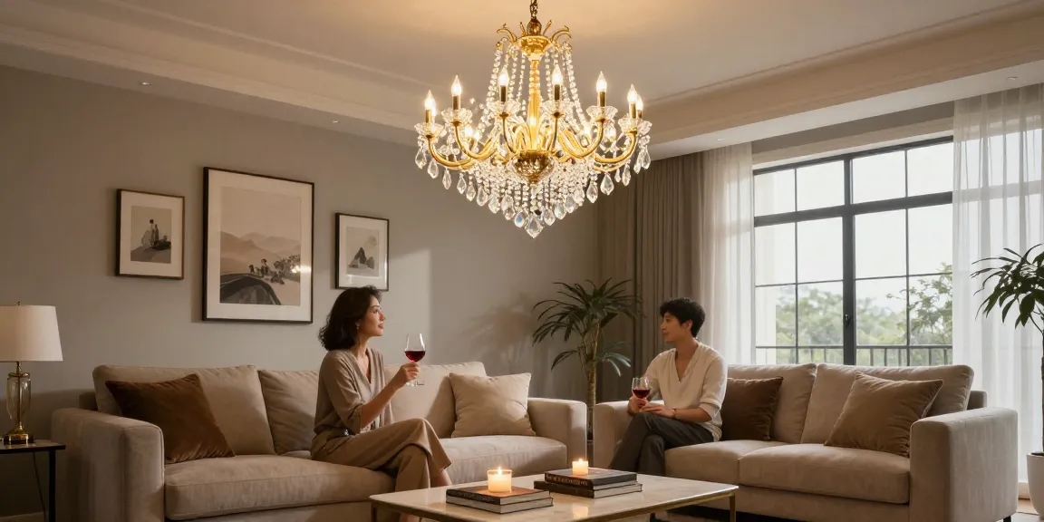 Candelabru LED strălucitor în living modern, iluminând elegant spațiul.