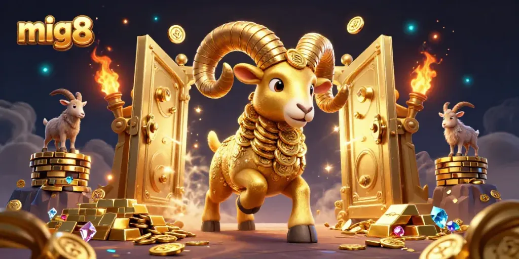 Experience the excitement of mig8 casino with a charging golden ram amidst treasures in an electric 3D scene.
