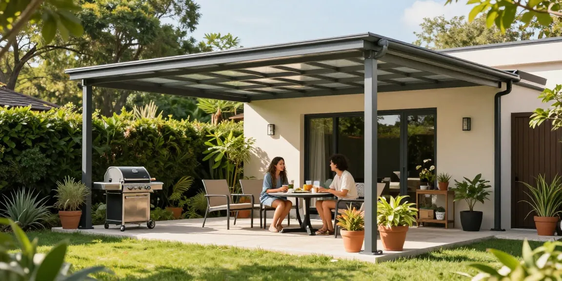 Moderne freistehende Terrassenüberdachung mit gemütlicher Atmosphäre für Gartenentspannung.