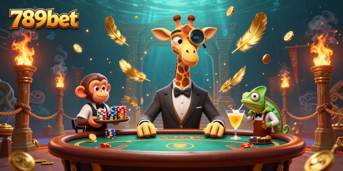 Experience the excitement of 789bet with a high-roller giraffe at a VIP poker table and dynamic casino elements.