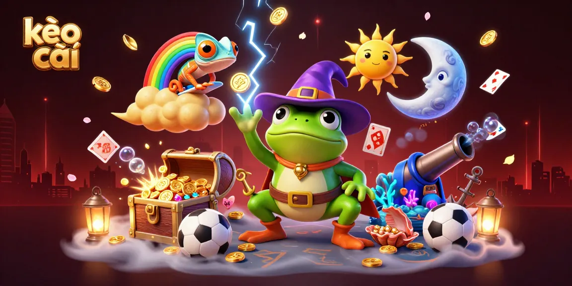 Engage with kèo nhà cái as a wizard frog conjures coins amid vibrant sports betting elements.