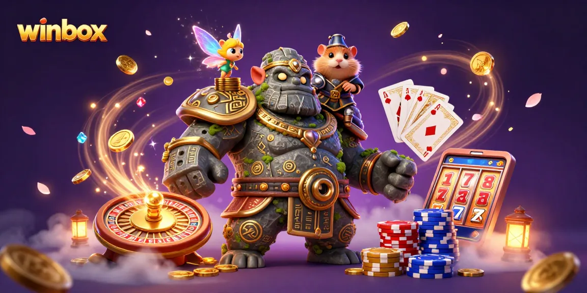 Winbox online casino features whimsical characters with casino elements and magic.