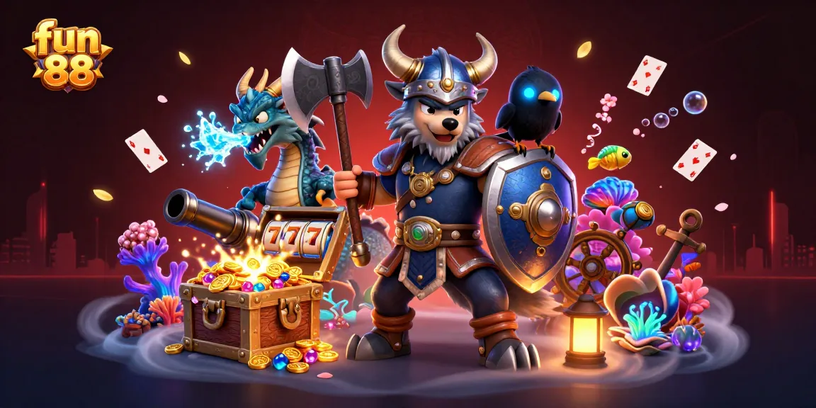 Experience the excitement of fun 88 with vibrant 3D illustration of a Viking warrior, dragon, and animated casino elements.