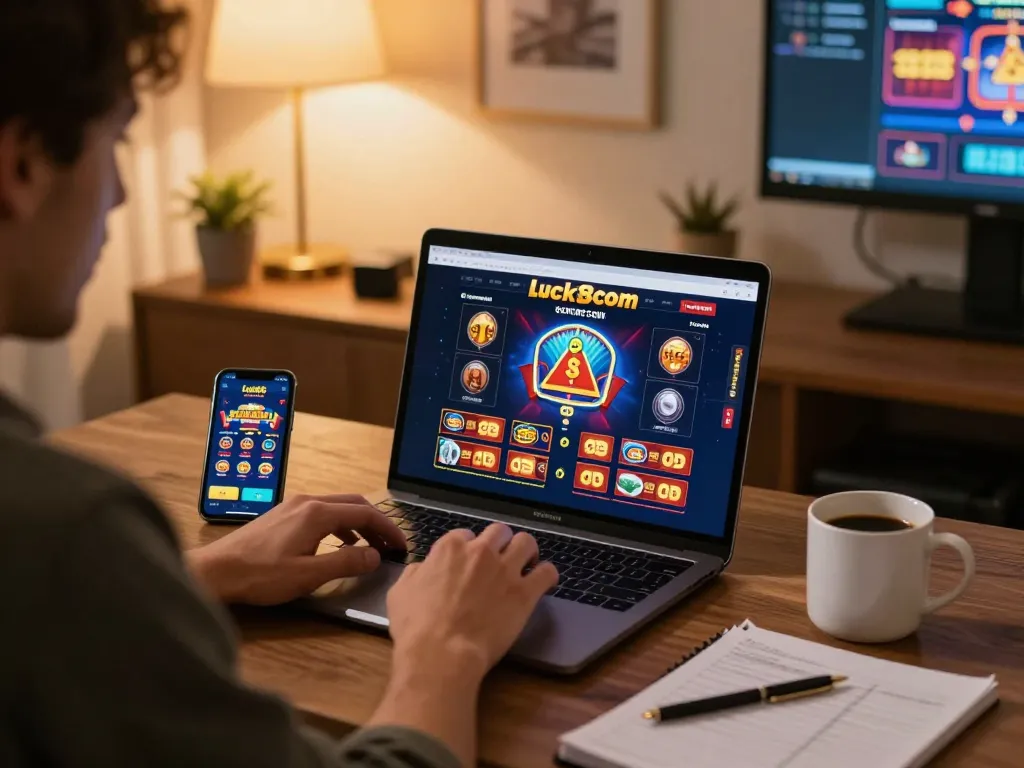 Engaging with the luck8com online casino interface in a cozy home gaming setup.