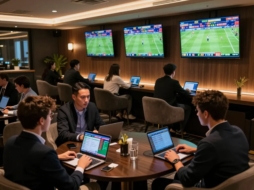 Sports betting excitement at the lounge with kèo nhà cái updates visible on screens
