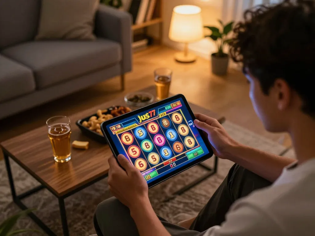 Engaged player spinning reels on jus77 slot game tablet in cozy home setting.