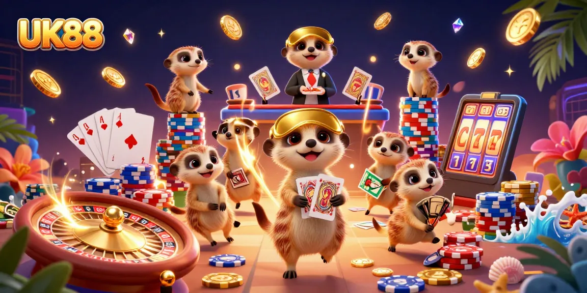 UK88 casino meerkats managing a vibrant casino scene with spinning roulette and golden coins.