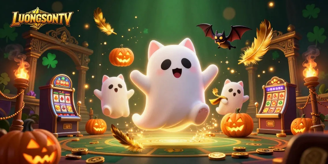LUONGSONTV showcases a ghost cat and bat in a dynamic casino scene with glowing elements.