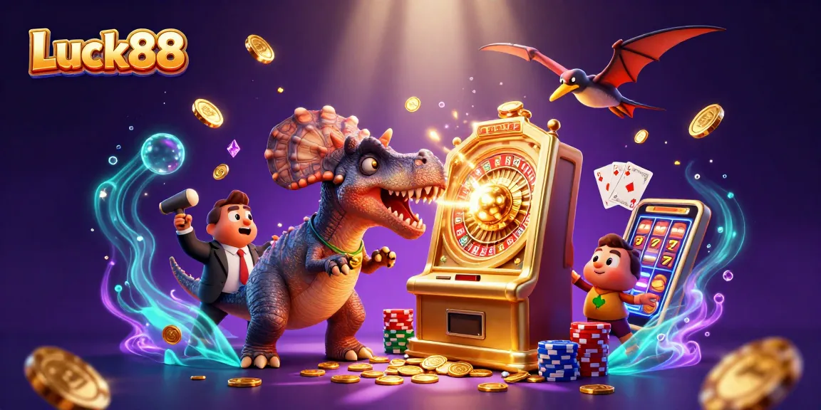 Luck88 slot game illustration showing a dinosaur winning jackpot coins and gaming excitement.