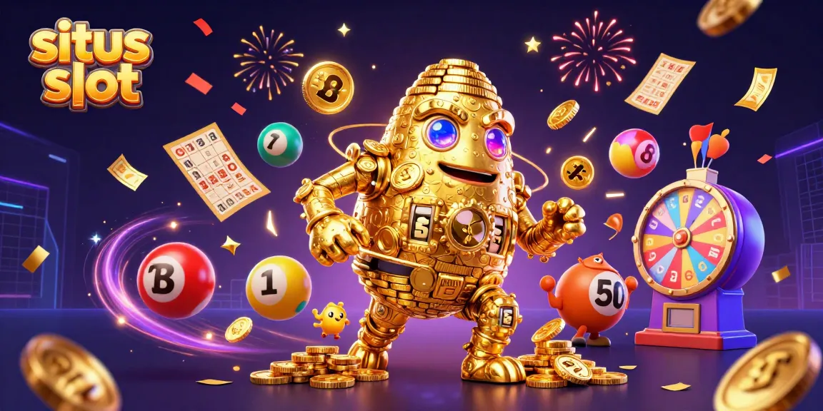Menangkan jackpot di situs slot dengan simbol-simbol mesin slot yang bersinar dan uang emas bertebaran.