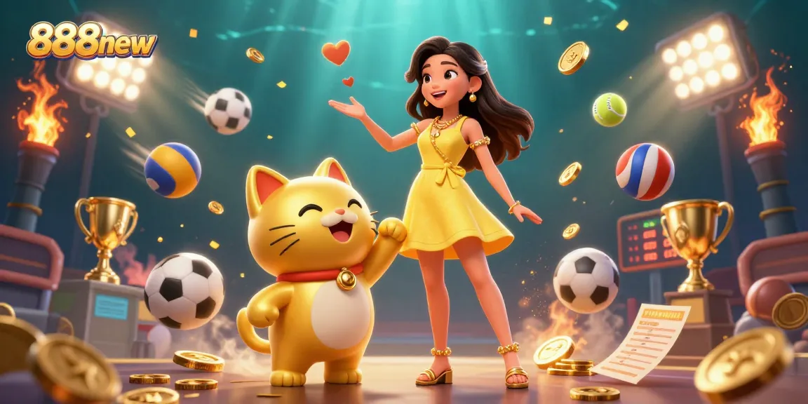 Experience the excitement at 888new with vibrant golden elements, lucky cat interactions, and sports betting motifs.