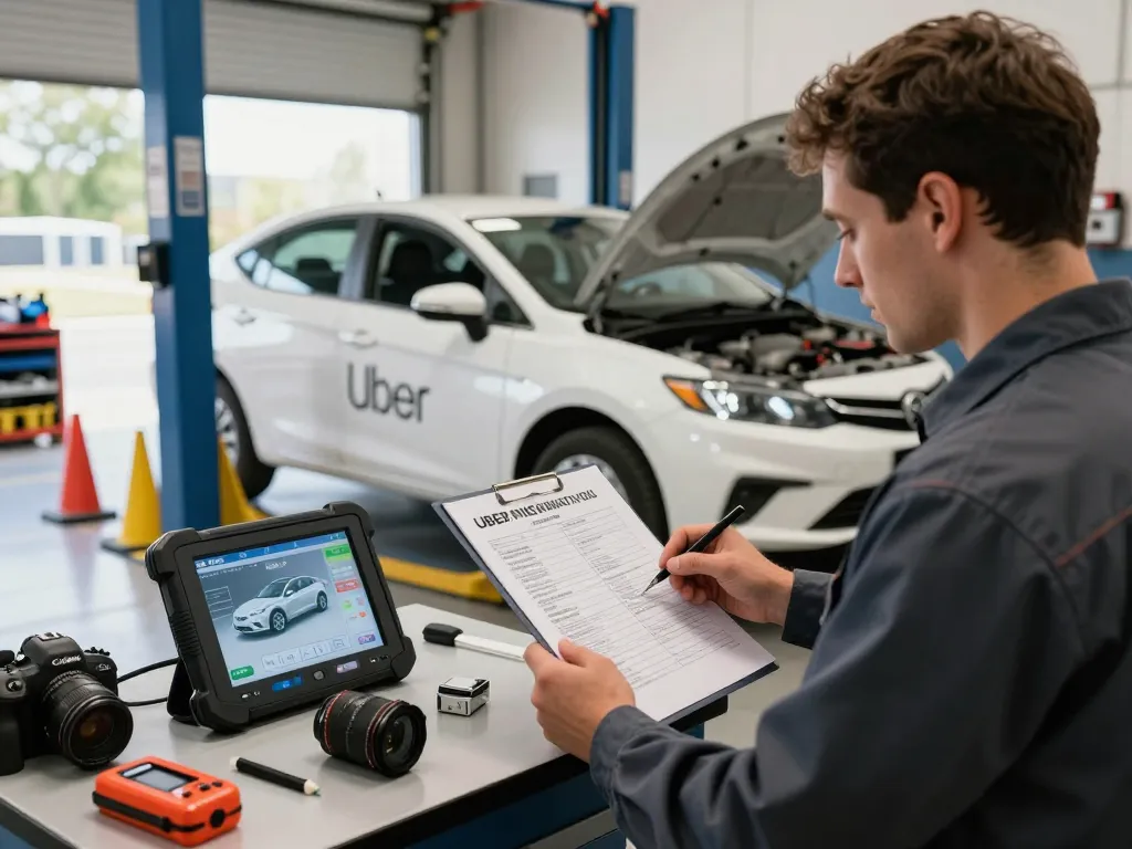 Vehicle inspection Uber process in garage with mechanic assessing vehicle safety standards.