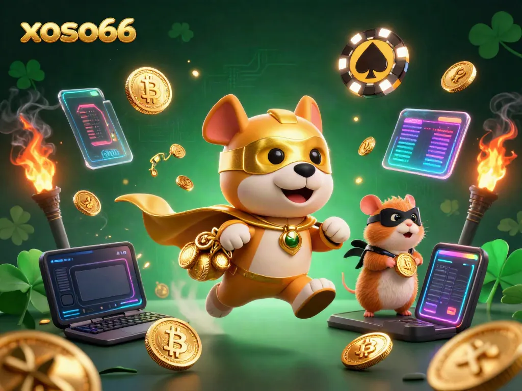 Engage with xoso66 through dynamic gameplay featuring a superhero dog and his hamster sidekick amidst glowing crypto elements.