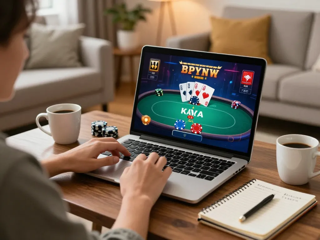 Player using o8 to strategize in an online poker game, showcasing an engaging home gaming atmosphere.