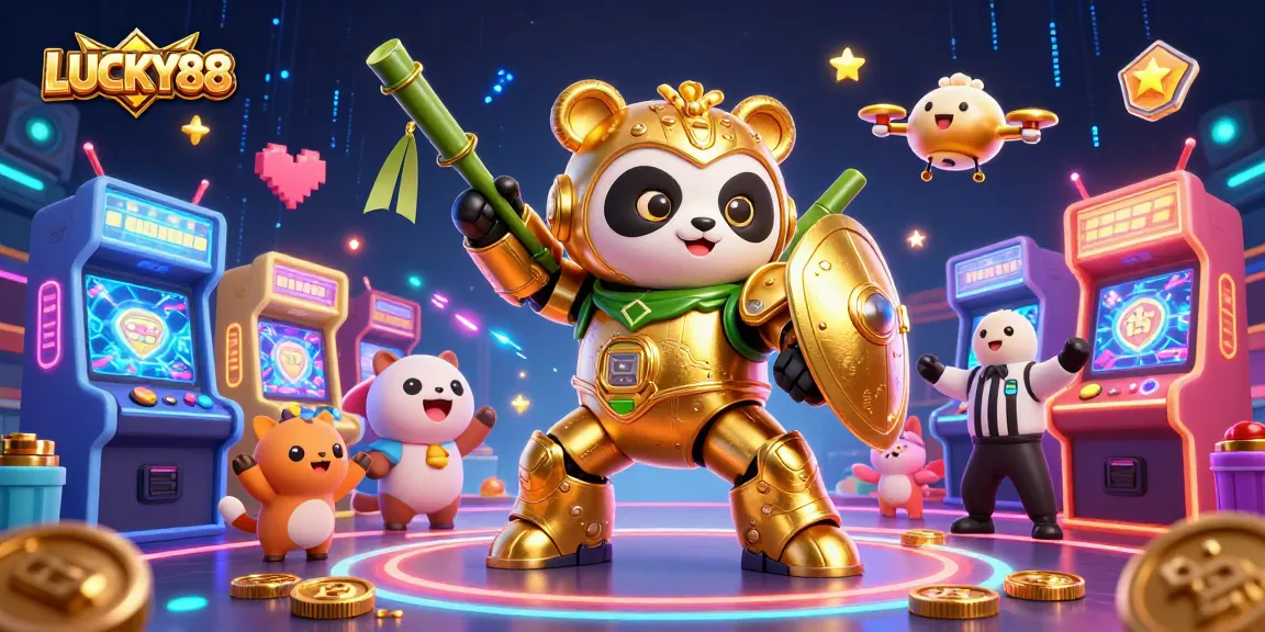 LUCKY88 showcases a vibrant scene of a golden panda in a mech suit combined with immersive gaming elements.