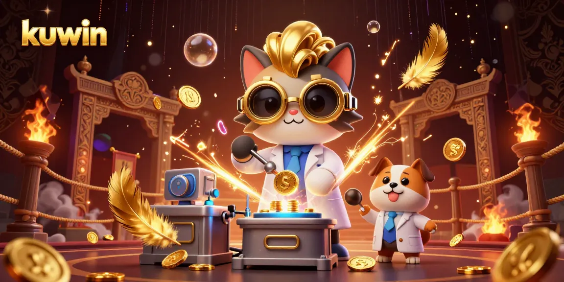 Kuwin offers exciting casino games with a mad scientist cat and a dog in a vibrant, animated scene.