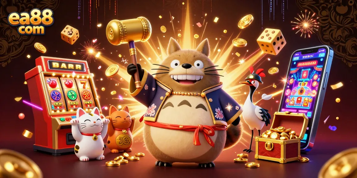 Experience gaming excitement at ea88 com with cheerful tanuki and lucky symbols in a vibrant casino scene.