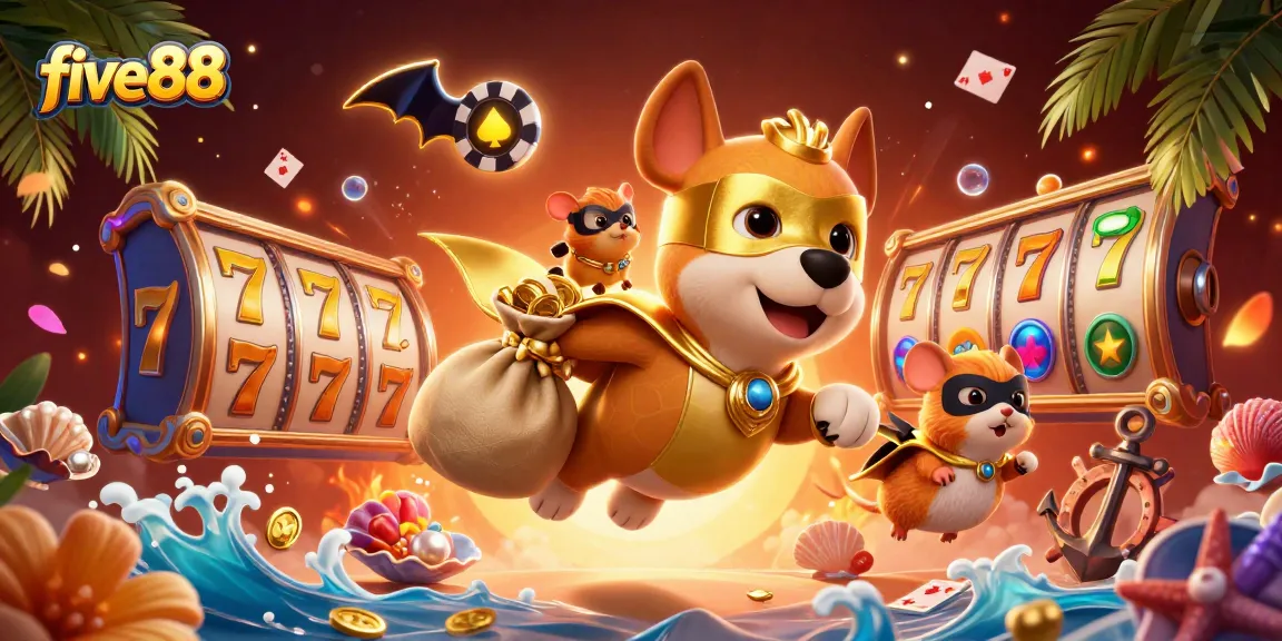 Experience winning excitement at five88 with a superhero dog and fun gaming elements in a vibrant casino scene.